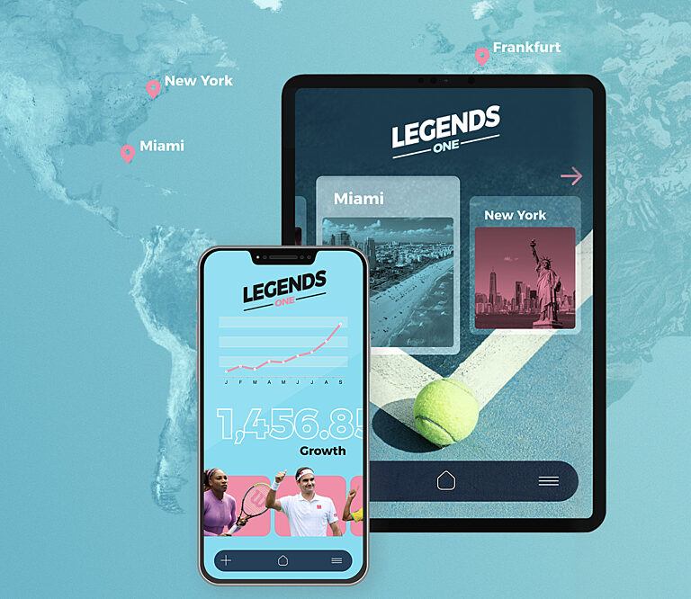 Mockup der Legends-One-App auf Tablet und Smartphone mit Weltkarte, Wachstumschart und den Standorten Miami, New York und Frankfurt.
